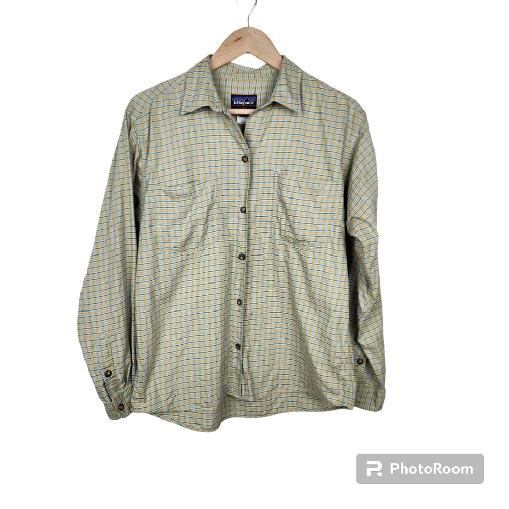 Patagonia Blue Yellow Orange Plaid Pima Cotton Button Down Shirt Top Sz M